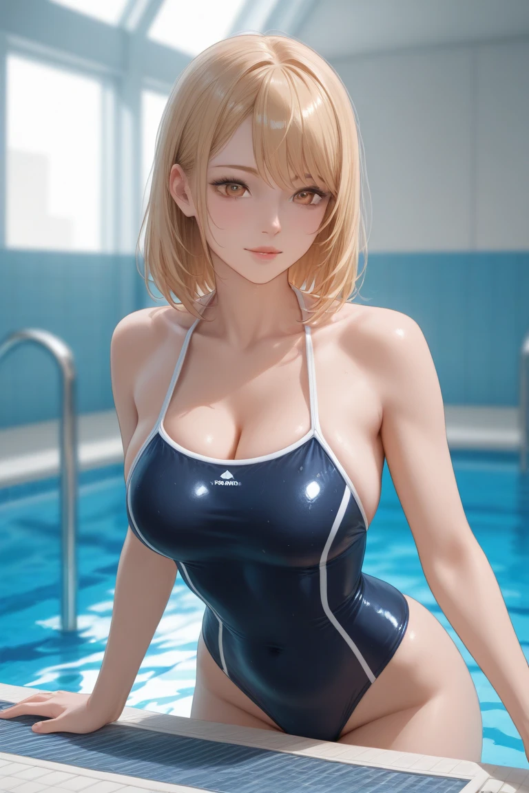 Top image quality、8K picture quality、Top image quality、Photorealistic image quality、1girl in、独奏、Marie Rose、A smile、embarrassed from、red blush、small tits、Slightly slender body、enamele sleeveless navy blue one piece competition swimsuit、(Crotch is hard to fit:1.4)、wet、SQUATTING on the ground、squatting down、open thigh、(Open your legs wide from side to side:1.3)、Thrust your hips forward、(Arms behind your head:1.2)、(Show off your armpits:1.3)、white thighhig、Raw feet、Pool side、Nurteka、((White High Socks:1.2))、((Brown loafers:1.2))、see the beholder、Turn the front of your body towards the viewer、Open your feet to the audience、Show your crotch to the viewer、professional photograpy、Professional Lighting、(Sheer
