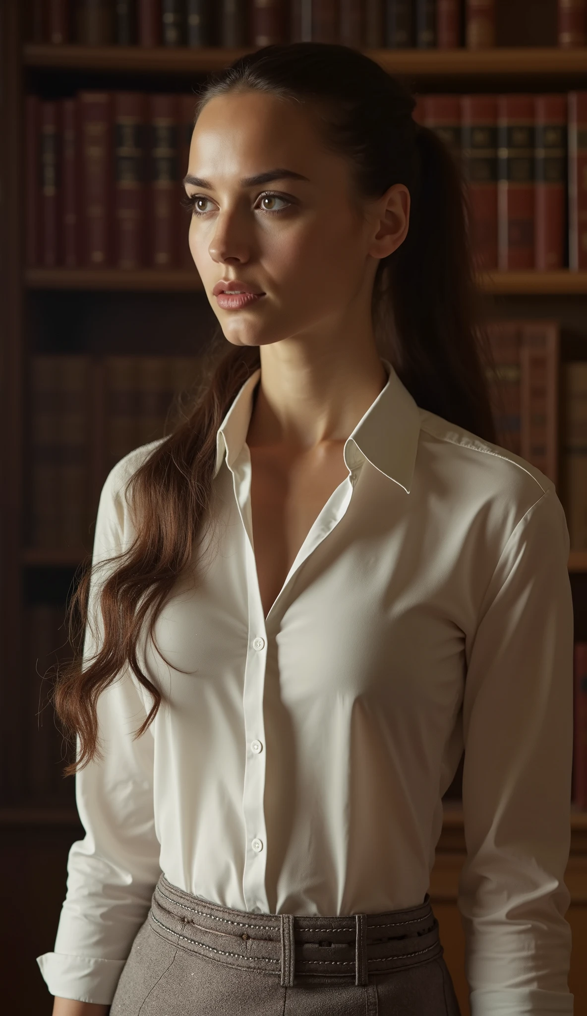giant woman, giantess, extremely tall towering skinny araffe lanky statuesque slim smart studious shy young Jewish woman, Natalie Portman, (long legs:1.4), victorian library, bright symmetric eyes, sheen button-down collared blouse, (big huge giant humongous enormous massive gigantic colossal sagging long symmetric natural breasts), cleavage, (long thick full wavy ponytail:1.4), [nsfw:2], [nipple:2]