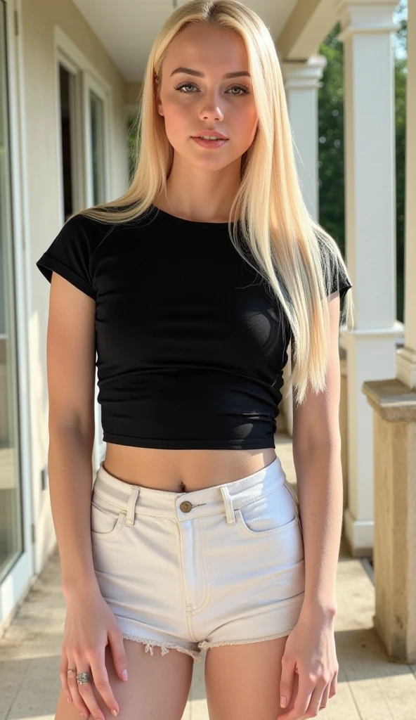 beautiful woman with extra long, welligen blonden Haaren, detailliert alluring eyes, lange sexy Beine, wears tiny shorts, T-Shirt, ((detailliert facial features)), (finely detailliert skin), blasse Haut, realistisch skin texture, Extreme Hautdetails, (Poren:0.1), Botanic Garden bagckground, Masterpiece of the best quality, photorealistisch, realistisch, detailliert, 8k, HDR, (Sanfte Farbe: 1.2), shallow depth of field, breites Licht, Hoher Kontrast, Hintergrundbeleuchtung, bloom, Licht funkelt, chromatische Abweichung, Scharfer Fokus, RAW-Farbfoto