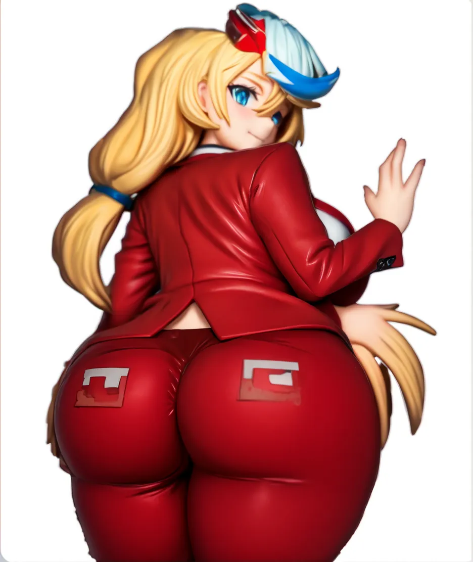 megamanroll, 1girl, ((solo)), green eyes, blonde hair, ponytail, ribbon, boots, dress, long hair, red dress, hair ribbon, long sleeves, red skirt, green ribbon, sidelocks, skirt, tail_blazer_style, big breast, large breast, gigantic breast, big ass, large ass, gigantic ass, ((thick thighs)), ((curvy body)), ((massive ass)), ass Focus