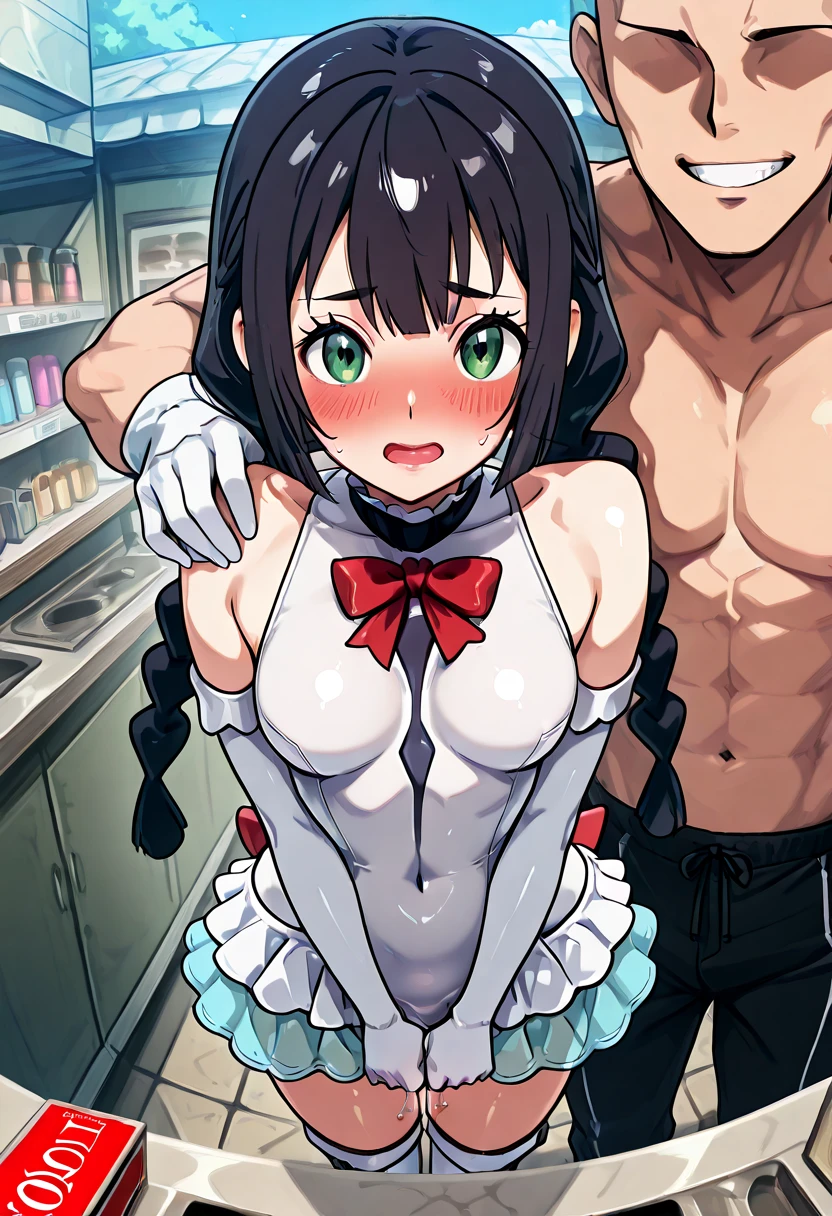 score_9, score_8_up, score_7_up, score_6_up, score_5_up, score_4_up, BREAK source_anime, 1girl, solo,
ChopioYor, black hair, red eyes, gold earrings, looking at viewer,
long hair, straight hair, white hairband, orgasm, trembling effect, full-face blush, embarrassed, teeth, micro bikini bra, white brim, micro maid waist apron, cuffs, collar, bow, zettai ryouiki thighhighs, looking at viewer, (sagging huge_breast:1.2), erect nipples, dirty dark large areola, (skinny), milf, futa, flaccid foreskin dirty penis, cum burst, natural (black:1.2) armpit hair, Unshaven black Pubic Hair, doggy style, walking on all fours, pet play, nsfw, bowl, cum in container, (futa, flaccid foreskin dirty penis, ejaculation), (skinny), Thin and with prominent ribs, nsfw, in the kitchen
