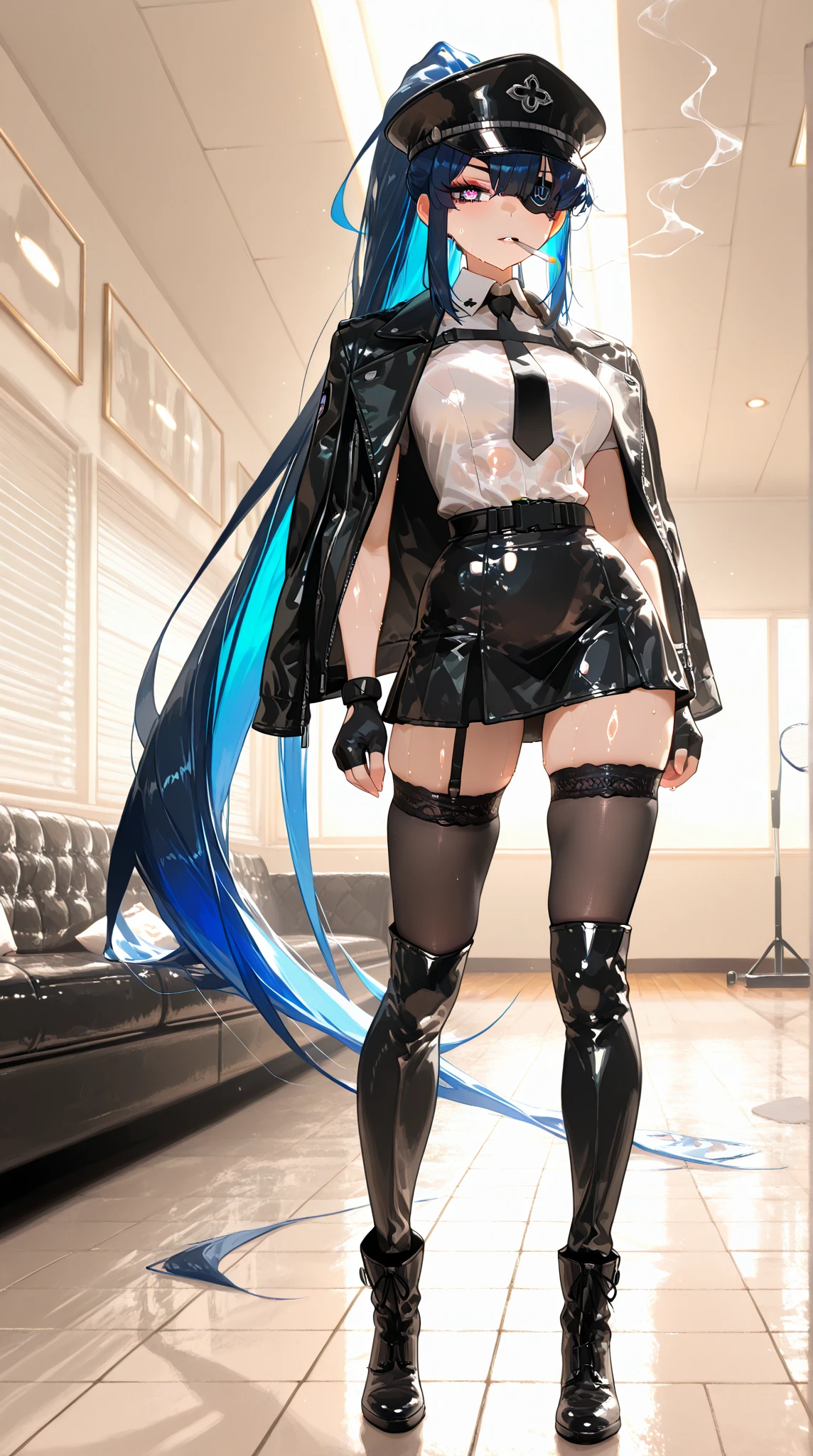 ((Biologically correct limb count))、(( From head to toe、Full-body photo including face))、4K、((Standing position))、masterpiece、((Focus on the face))、((Symmetrical facial features))、Eyes with detailed description、Beautiful woman、Great style、Beautiful arms、Beautiful legs、Beautiful Hands、(Small Ass、Thin thighs)、Facial detailing、Small earrings、necklace、(bra、pants、Latex Uniform、Latex skirt、High heels、stockings)、Face close-up、Surprise expression、The background is the park in the morning.、beret、Silver Hair