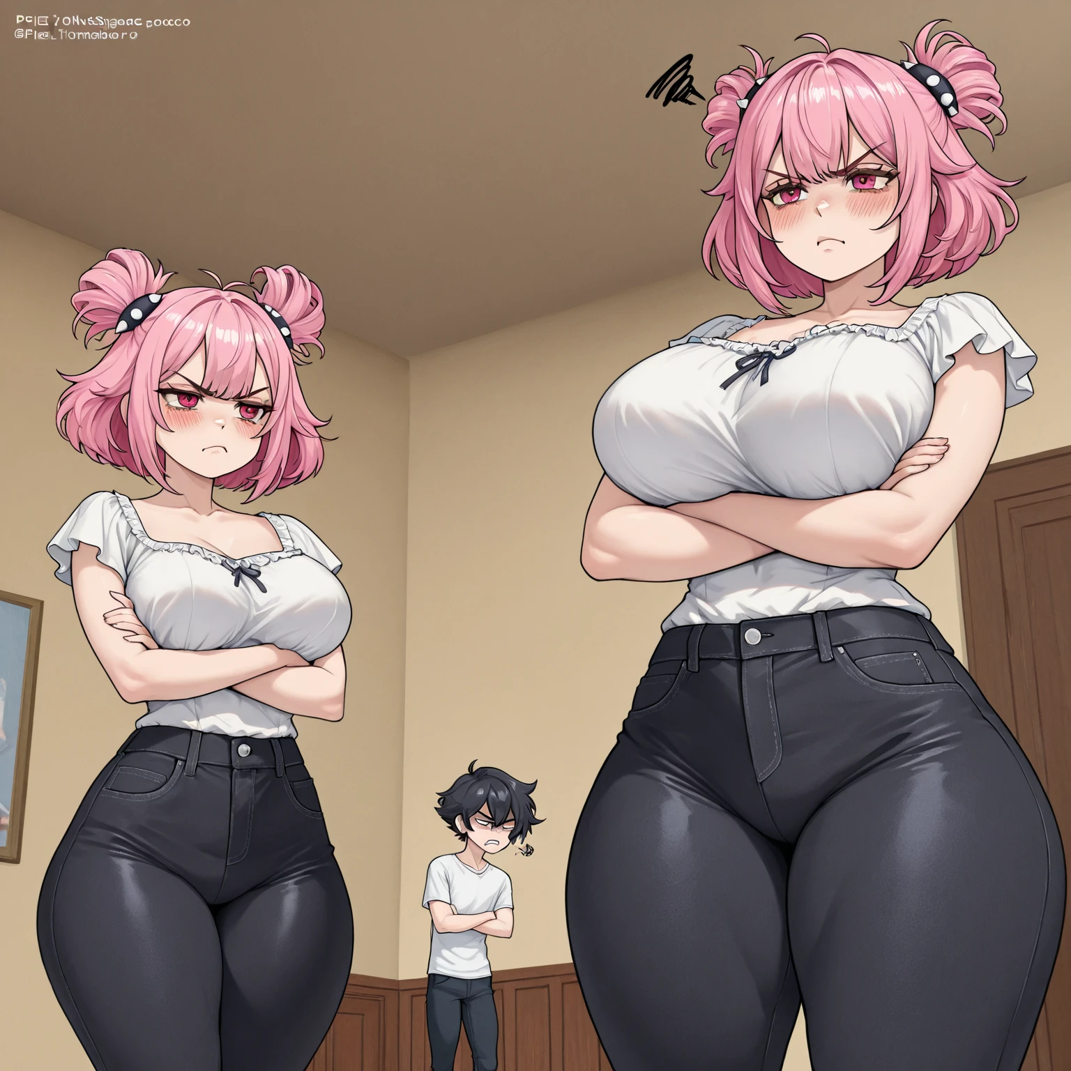 cute soft anime woman, shy, sweet fluffy girlfriend, mature, big breasts, wearing a sweater, fat, wide hips, soft, fat, chubby, pink hair, tall, shy. pink sweater. 
