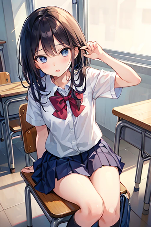 masterpiece, highest quality, High resolution, One girl, alone, bangs, light makeup, Glossy Lips, Very detailed, figure, FGO Elais, (school uniform), classroom, Sitting, Thigh-high socks