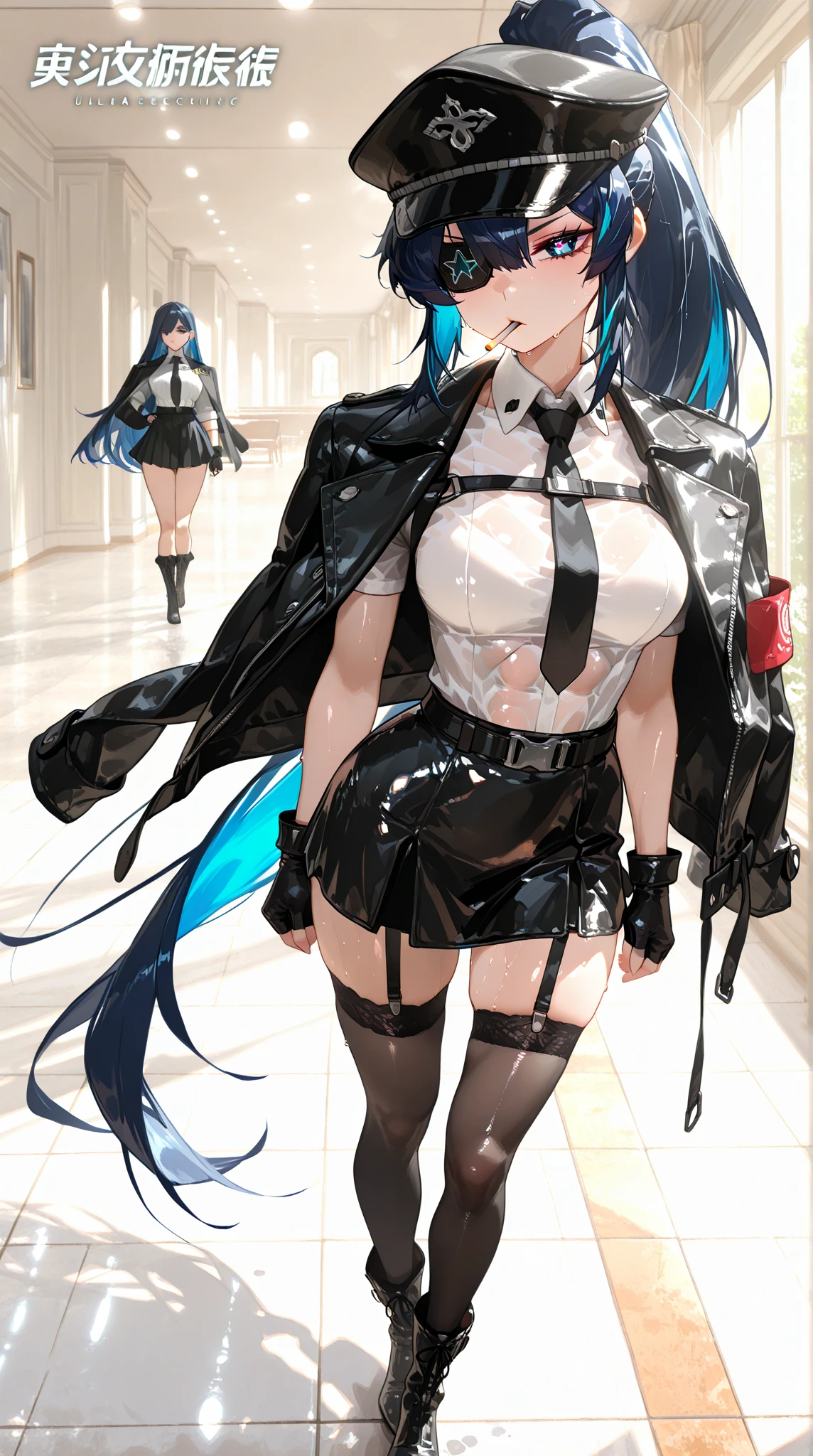 1 girl, dark blue hair, messy hair, long hair, light yellow eyes, small eyes, mature face, dropping eyes, big breasts, cameltoe, blurry background, erect nipples, blush, smile, earrings, ((pubic hair)), skirt lift, light smile, black high heel, tall statue, night, see-through, no panties, light makeup, full body, very short pleated miniskirt, police uniform, garter belt, skyscrapers, taxi, police officer cap, fishnet tights, gloves, ((pussy juice)), city lights, light particles, squattering, bashful