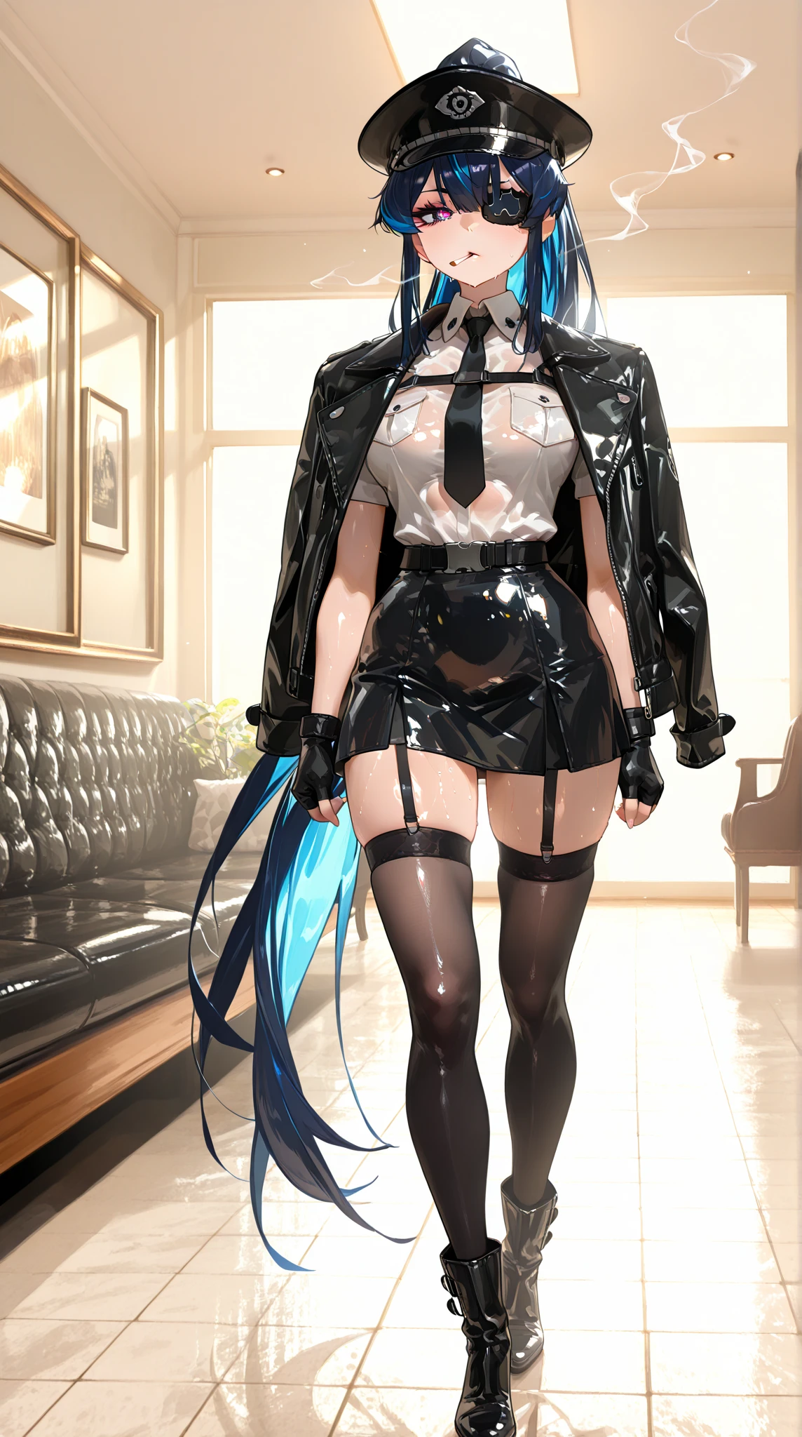 Yelan is a young woman with short blue hair which is similar to Xingqiu's hairstyle and green eyes, she wears a a necklace has a dice on her chest, sleeveless dark outfit with with a white jacket hanging, heeled shoes, and a hydro vision hanging.