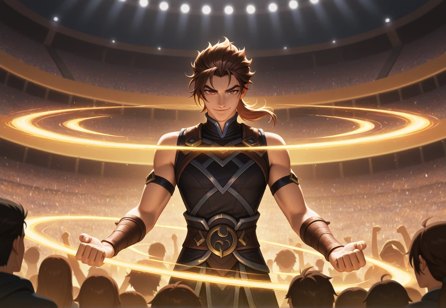 spartan warrior fighting at the colosseum, in the style of gritty horror comics, dark red and gold, dc comics, inkblots, intricate use of hatching, golden palette, strong emotional impact, bloodlust, cheering crowd, bloodlust kept whirling around the arena.