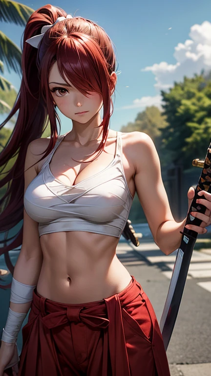 1girl , kimono, obi, tank top, big sword, jump