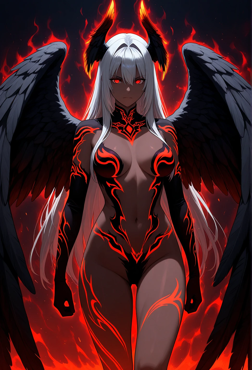 dark-skinned arch demon woman, that is, the blackest black color of all, rectangular eyes, completely red pupils and irises, no mouth, without human appearance. angel wings of many colors, a rhomboid crystal embedded in the center of the chest(Red color), unclothed, body full of mimicry with the universe(galaxies, stars, planets and black holes) and long white hair, with 4 horns coming out of his head
