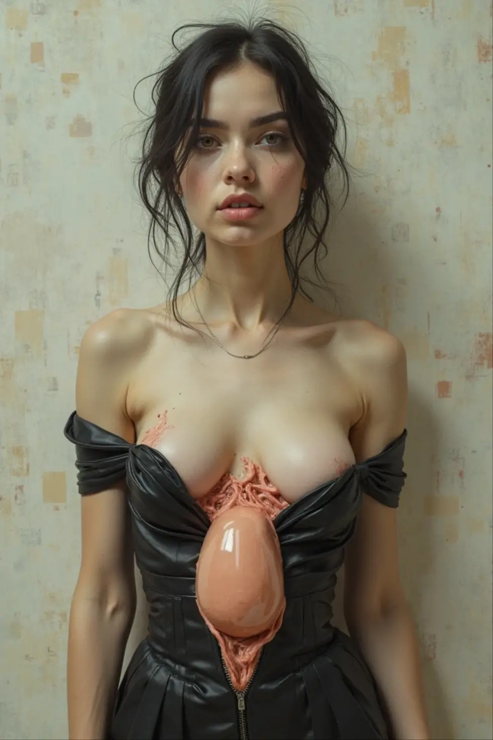 A skinny, nude girl with and a smooth, hairless body in the midst of an extreme, hardcore BDSM scenario. Her body is contorted into unnatural positions as she's bound in various bondage contraptions. The lighting in the room is dim, casting eerie shadows across her exposed flesh. The girl's wrists are tied tightly behind her back and secured to a metal frame above her head, forcing her to arch her back painfully. Her ankles are spread wide apart, secured in a spreader bar, exposing her most intimate areas. A long, thick metal rod pierces through her labia, held in place by a metal ring that runs through her clit hood, making it impossible for her to touch herself or find any relief from the intense sensations. Her mouth is forced open by a large, clear gagball, which fills her mouth and allows her to moan and groan in agony as she struggles against her restraints. The air is thick with the girl's muffled pleas and the sound of her flesh being stretched and pulled by the relentless bondage. The contrast between the girl's smooth, pale skin and the harsh metal bindings emphasizes her vulnerability and the brutality of her situation. , handheld shot

