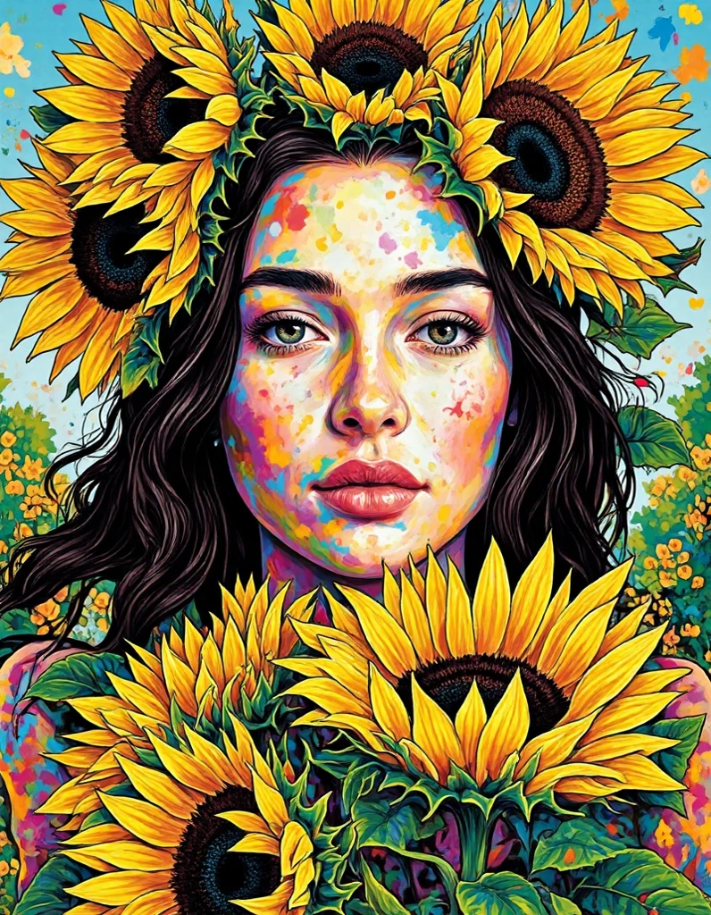 Nathalie Portmann, 25 ans, seductive look, sourire romantique, fine, brune, yeux verts, masterclass, 8K, UHD, HD, High quality, sexy, dans un atelier de peinture, topless, bodypainting, Van Gogh painting on the body, painting on the bodyVan Gogh Sunflowers painting, string bleu