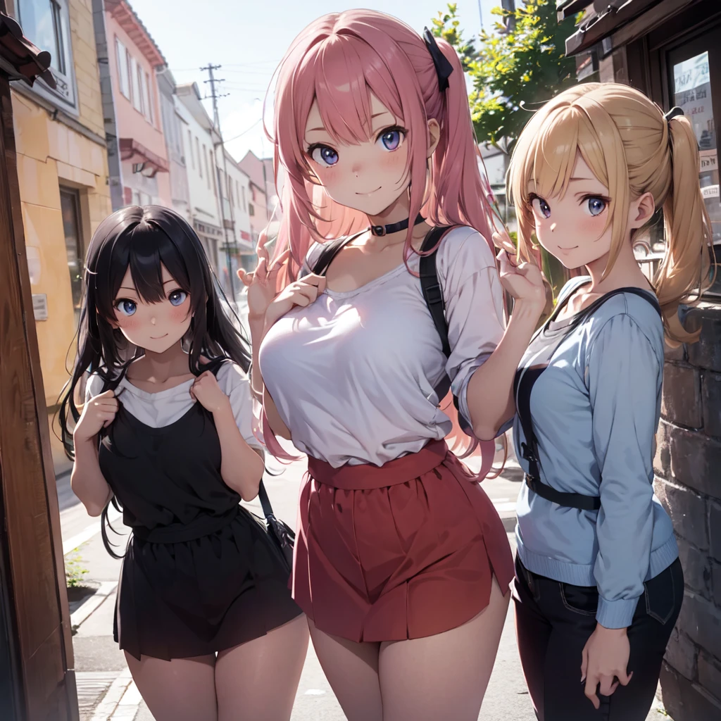 Modern city,Fluffy hair,Light blue hair,Blonde,Light pink hair,Headband,Braid,Autumn outfit,Short clothing that shows the buttocks,The sleeves of the dress are a little long,I can see a little cleavage,Moe sleeves,Date,Several people hugging each other,Embrace,watching each others eyes,Facing each other,blush with embarrassment,Happy expression,Hand in hand,Arms crossed,Flirting with a close-knit body
