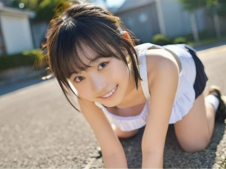 top-quality、hight resolution、ultra-detailliert、masterpiece、Raw photography、realisitic、Photorealistic, very delicate and beautiful、finely detail、Textured skin、full-shot、(in a locker room)、1woman、Japanese、22 year old、(((all-fours))) 、(((Crawling on all fours))),,tall、Brown hair、Wavy Hair,Short hair,Miniskirt,(Bare legs:1.5)、perfectly proportions,Thrust your hips out,Focus on her hips,Focus on her hips,(((angle from behind))),wearing school uniform Japan:1.3), (White shirt short sleeves:1.2), (Thin bow ribbon:1.2)、(Navy plaid short skirt 1.2)、(slender:1.2)