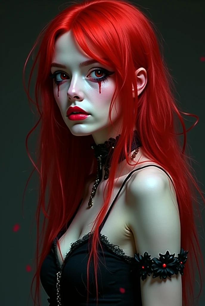 aa portrait of vampire with a bloody tear coming down from he eye, an exotic beautiful female vampire, red hair color, dynamic hair style, ultra detailed face, best detailed face, silver eye color, ((1single red teardrop: 1.3)), ((tear drop made from blood)), ((teardrop coming down from the eye: 1.3)), small cleavage, wearing two black diamond earrings, Ultra-high resolution, High Contrast, (masterpiece:1.5), highest quality, Best aesthetics), 16K fantasy art, best details, best quality, highres, (ultra wide angle: 1.2), 16k, [ultra detailed], masterpiece, best quality, (extremely detailed), ladyshadow, magical sky, crying style, vampire teeth
