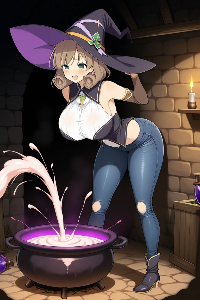 (masterpiece), (1female) , (alluring witch) , cool and mature, milfication, milf, naked in the middle of crowd, her body exposing to entire party, (very mature woman)++, 30yo, seductive face, tired, heavy breathing, sweat, (very large breasts)++, long leg, skinny leg, slim hips, blonde, elegantly, (torn clothes)+, ((clothes melting by slime)), (bare body)++, (nude)+, nsfw, bottomless, bare leg, best quality, fantasy guild hall, cafeteria, bar, booze, wood barrel, rpg, (perfect female proportions), earring, torn and mutilated cloth, people in fantasy RPG