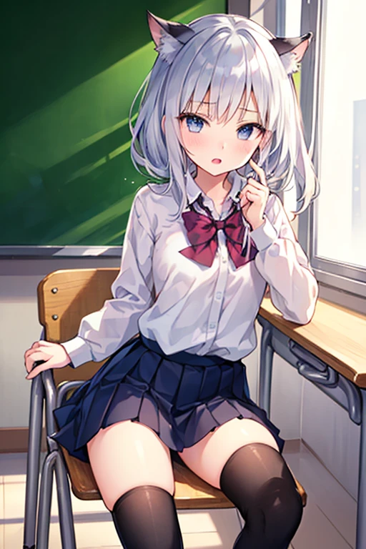 indoor,((classroom)),Focus from below, Green Eyes, Grey Hair, hair ornaments, bangs, Virtual YouTuber, blunt bangs, Double Bang, Animal ears, Flat Chest,uniform,Grey Skirt,Pink Panties,1boy,head_sit astride,