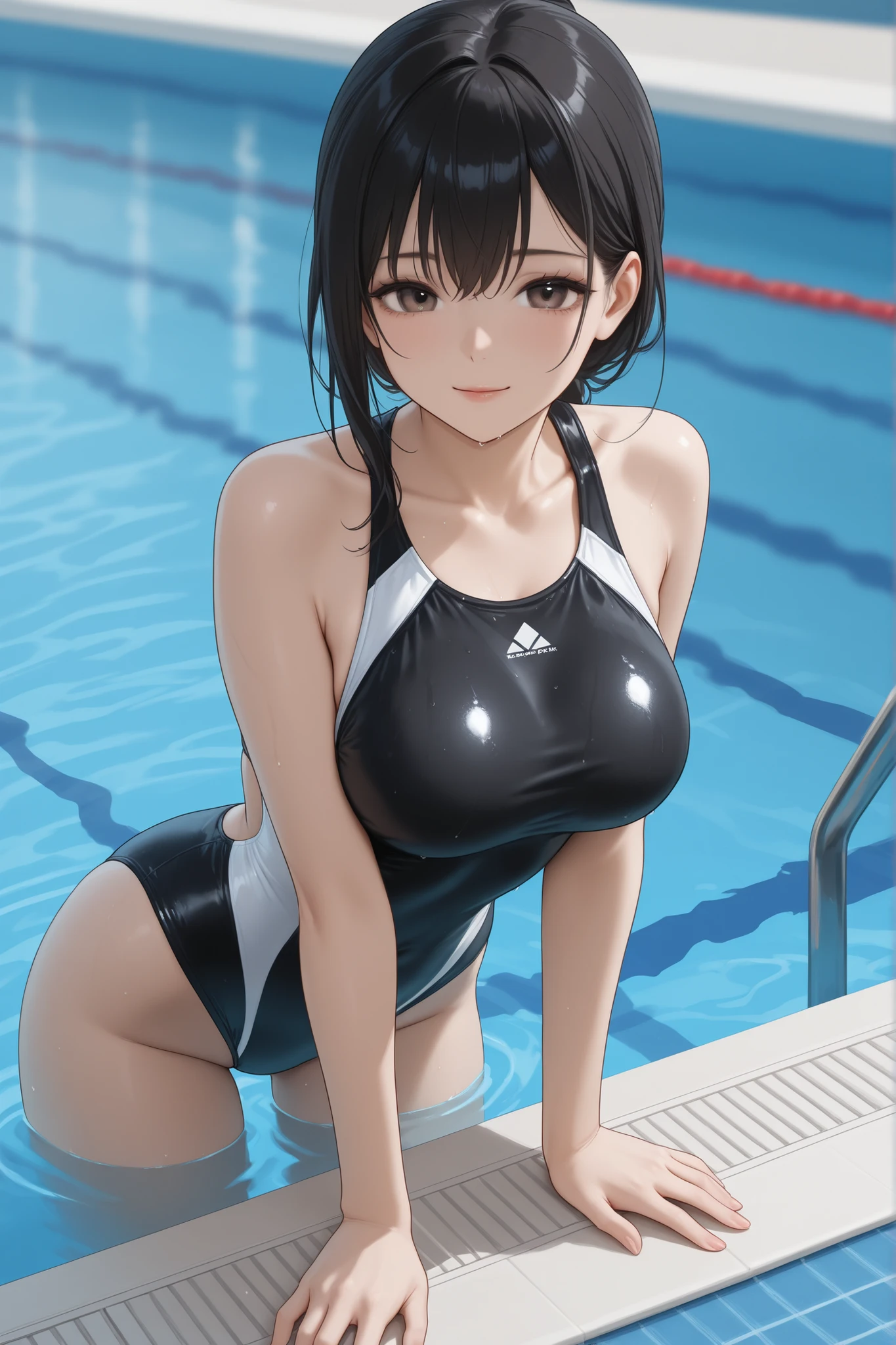 (((masterpiece))),(((High resolution)))、(((perfect face)))、(((Korean idol))), ((black swimming race suit)), look at the camera, ((top quality eyes)), ((detailed texture))