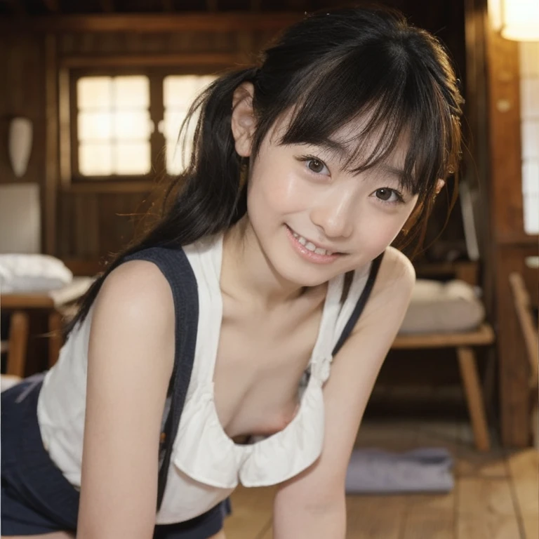 Nagano Mei,Japanese、woman、smile、(Nude),(just),(naked),Observe the audience、University Vegetable Garden、bangs、20-year-old、((Low twin tails)),Small eyes、Round face、Small Mouth、Small areola、((black pleated eriouassage your chest with your palms)
