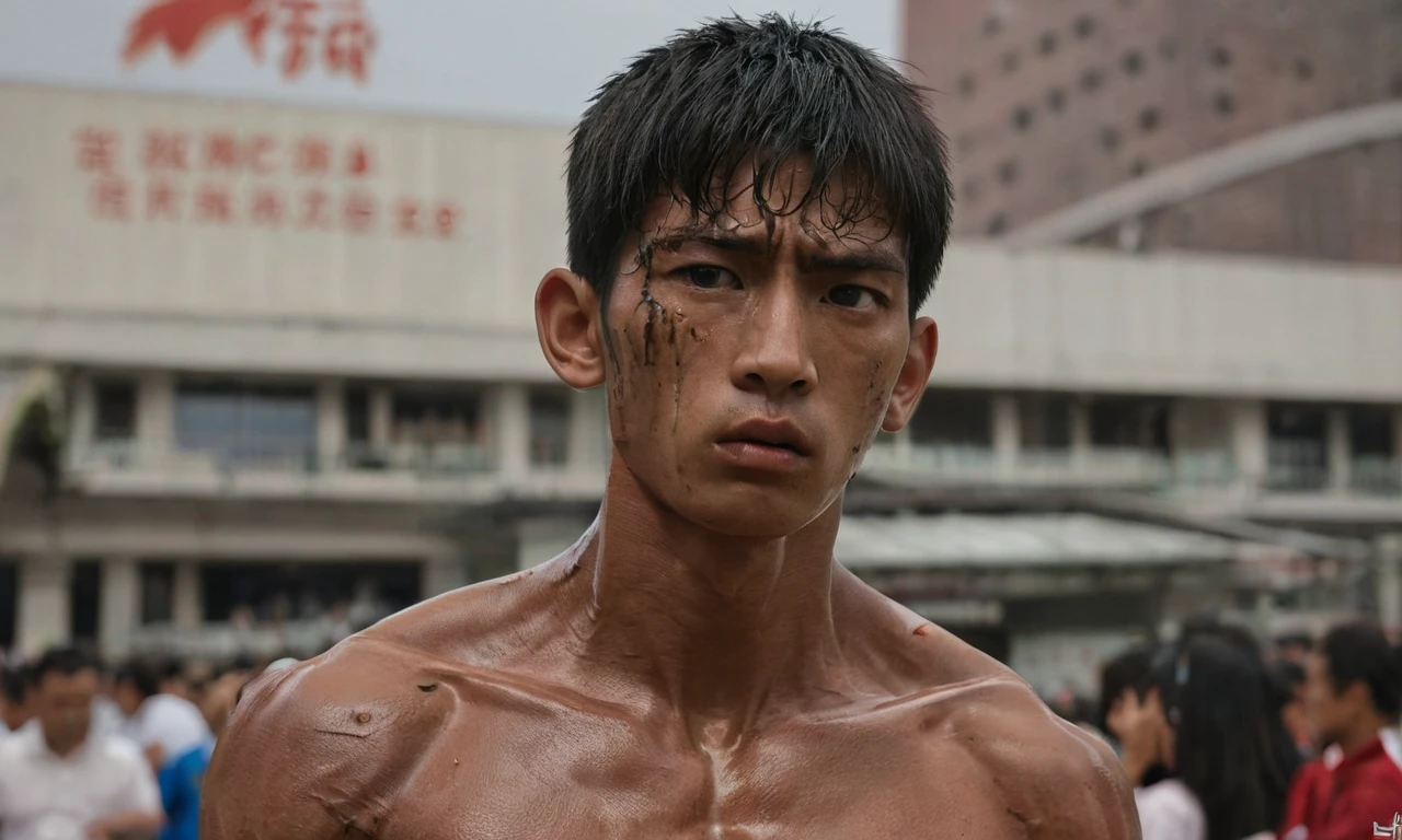 Photo, (Photorealistic: 1.4), (Hyperrealistic: 1.4), (Cinematic: 1.5), Male, 20s, Japan, Muscle, Strong, Boxing, Fighting Pose, Front, (Very Shot Hair), Canon EF 50mm, f:4.0, Concrete Wall, Boxing Gym, Dark, Blue Light,