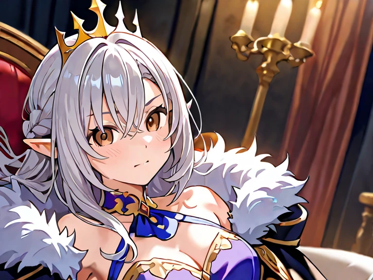 Anime older girl with long gray hair and gray eyes, wearing a flowy dress that follows her movements with bangles and bracelets on her wrist and a veil on her head, with bright decorations surrounding her