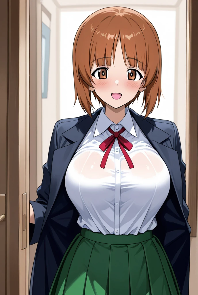 (Best Quality, masutepiece, High resolution, anime screen cap, anime colours), Brown hair, Yellow eyes, Yuriko Aoki, Embarrassed look:1.3, (large full breasts:1.5), (Thin fabric, Men's Big White Shirt:1.8, no-bra:1.5), The shirt doesn&#39;t fit, Slimed, Lower your arms, squeezing breasts:1.5, Upper body, Bedrooms, (Perfect Anatomy, perfect detailed body, Eyes and hair in beautiful detail, Beautiful breasts and skin),