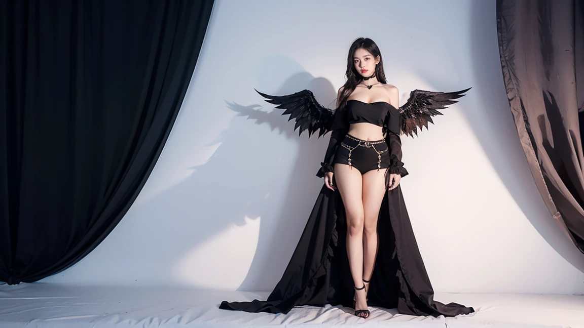 A Korean woman dressed in black,Fallen angels with wings,cabelos preto e longos,sexy big breasts exposed,Full-figured,high-heels,goth style,8K Ultra Clear,High saturation