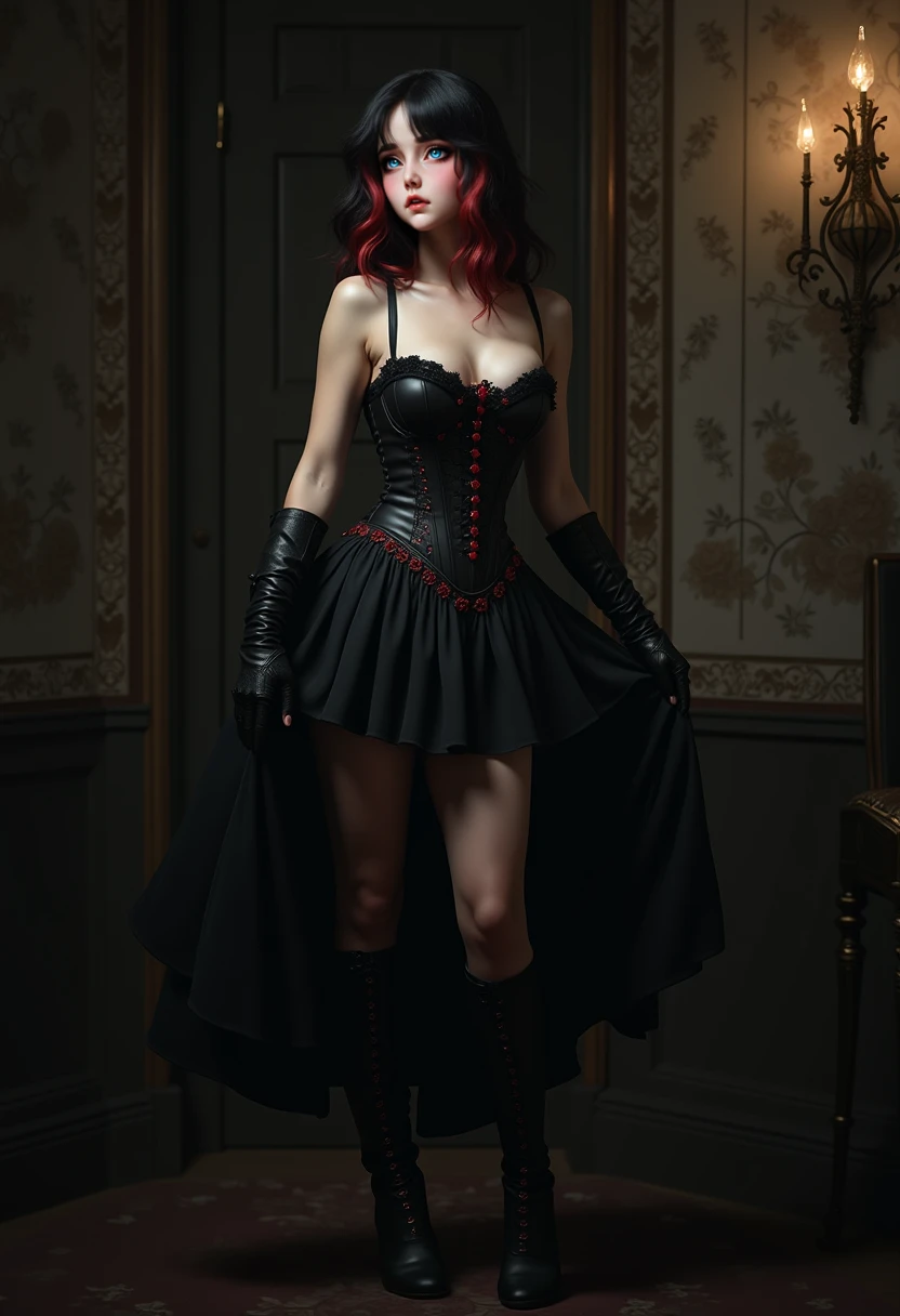 full body picture, 25 year old girl, vampire, black hair, short hair, disheveled hair, pale skin, blue eyes, dark red lips, medium breasts, mischievous smile, vampire fangs, black corset with intricate red details, flowing black cape, black pleated skirt, black stockings with one stripe, black and red high heels, black choker, black diamond pendant on plunging necklace, moonlight streaming, light rays, inside of an old church, candlelit, (best quality, 4k, 8k, highres, masterpiece:1.2), ultra-detailed, (realistic, photorealistic, photo-realistic:1.37), HDR, UHD, studio lighting, light source from behind, sharp focus, extreme detail description, professional, vivid colors, dark and mysterious atmosphere, modeling stance, seductive stance, confident stance, legs spread, hypnotic gaze