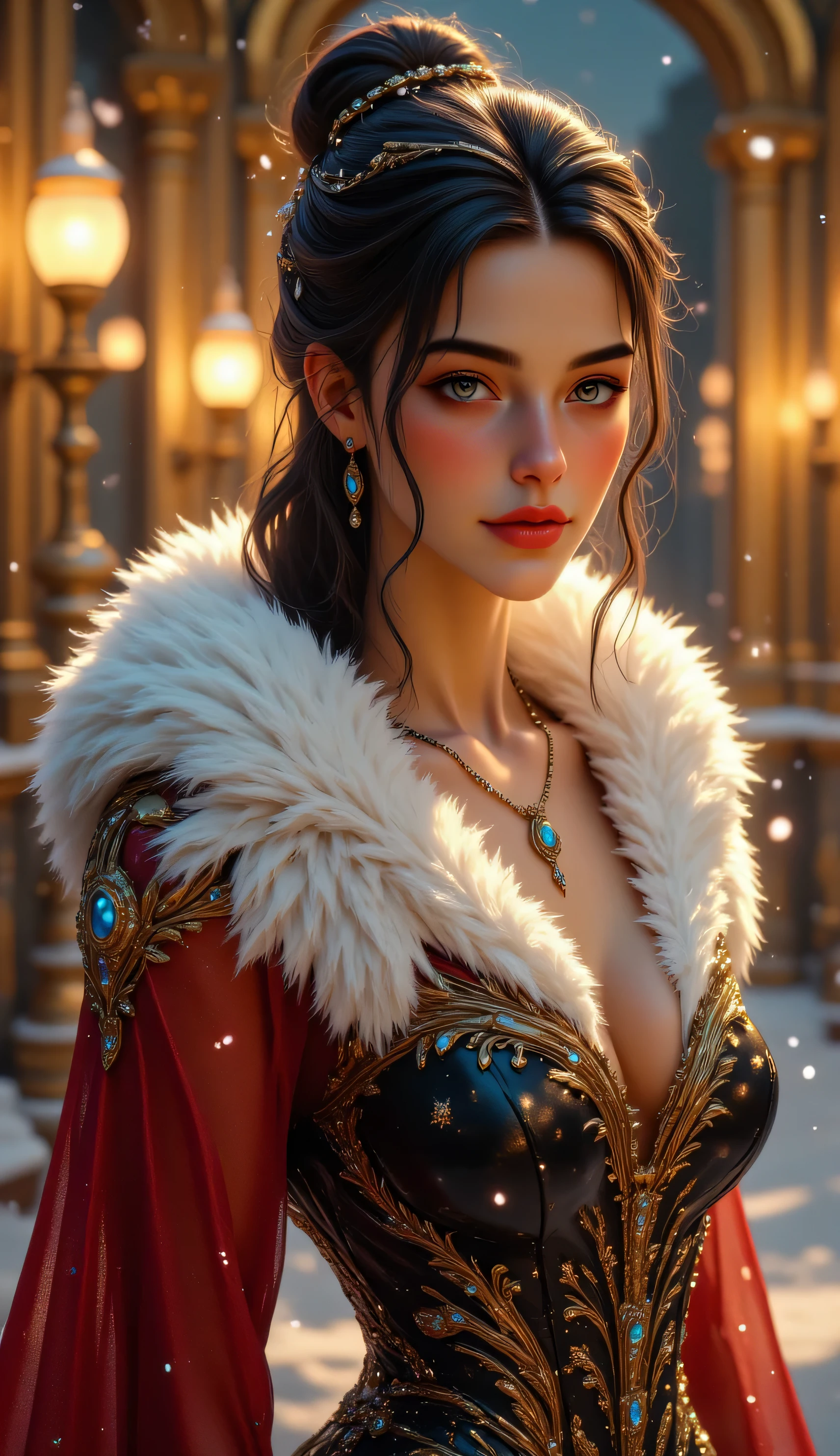 A breathtaking fantasy noblewoman standing gracefully at a winter evening ball, surrounded by softly falling snow and warm golden street lamps glowing in the background. She wears an opulent black and crimson gown adorned with intricate gold embroidery and gemstone inlays shaped like stars and sunbursts. A flowing white fur cloak drapes over her shoulders, adding elegance and warmth. Her dark brown hair is styled in a royal updo decorated with jeweled pins and delicate pearls. Her expression is confident and poised, her eyes sparkling with quiet intelligence. The snowflakes gently touch her glowing skin, and the entire scene has a romantic, cinematic atmosphere. Ultra-detailed textures, hyper-realistic lighting, elegant fantasy fashion, warm bokeh lights, winter night background, 8K resolution, ArtStation trending, Unreal Engine or Octane render style