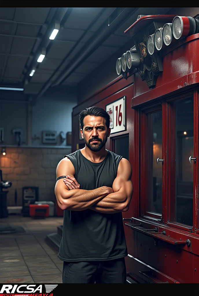 A 38-year-old man with a rugged beard and stylish sunglasses is the central figure in a suspenseful action movie scene. He wears a tactical black jacket and cargo pants, exuding readiness and determination. The setting is an abandoned warehouse, with broken windows and scattered debris, illuminated by flickering, dim industrial lights. The scene is captured in a medium shot, focusing on his upper body. His expression is intense and alert, as if he's preparing for a high-stakes confrontation. The background includes shadowy corners and rusty machinery, adding to the gritty, tense atmosphere. The overall mood is one of danger and urgency, with a palpable sense of imminent action.