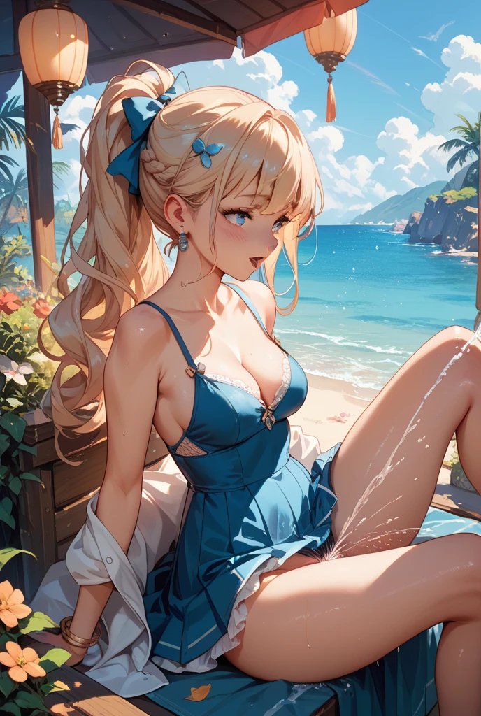 (Masterpiece: 1.2, Best Quality), 1 Girl, Big and Giggles, Slim, Elongated, Green Eyes, Sharp Eyes, small_breasts, flat_chest, Body Forward, Facing Audience, Dress, Wide Hat, Lace-up Sandals, Oversized Sunglasses, Simple Hoop Earrings, Shell Necklace, Areola Suspenders, Down Shirt, Embarrassment, Very Short Blonde, ^^, Nature, Yoga Studio, Tranquil Space,