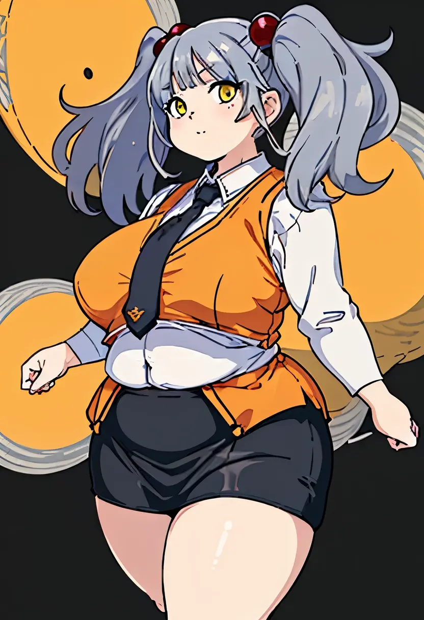 (masterpiece, best quality;1.3), ultra detailed, Looking at viewer,1girl, solo,
 ruri, grey hair,  yellow_eyes, BREAK,
orange vest, white collared shirt, black necktie, parted bangs, small breasts,twintails,hair bobbles, black short pencil skirt,Black high socks, Gray Shoes, 
standing, front view, spaceship background, galaxy background, cosmic background, (obesity:1.3), ((fat folds)), ((chubby, puffy arms)), (fat rolls, huge belly:1.2),