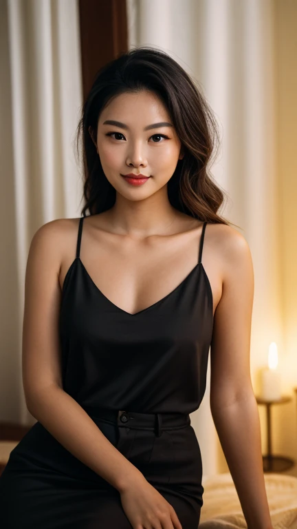 (8k, RAW Photos, Best Quality, Highest Resolution: 1.1), (Ultra Realistic: 1.4), (Realistic, Photorealistic: 1.3), young girl, (Malay look), (wearing low cut short cami), lying legs on bed, (dimples cheek), Realistic Face, Realistic Body, Realistic Skin, front view, Absurdity, Masterpiece, (Cute: 1.8), Cuties, Solo, Detailed Black Eyes, Innocent Eyes, Film grain, long simple necklace, ((hair black, long layer cut, wavy)), cherry colored lips, open lips, cleavage, slim, medium breast,nipples, upper teeth, cute smile show teeth, (smiling eyes: 0.6), (grin: 1.2)), depth of field, blurred background, eye focus, bokeh, ambient soft lighting, photon mapping,