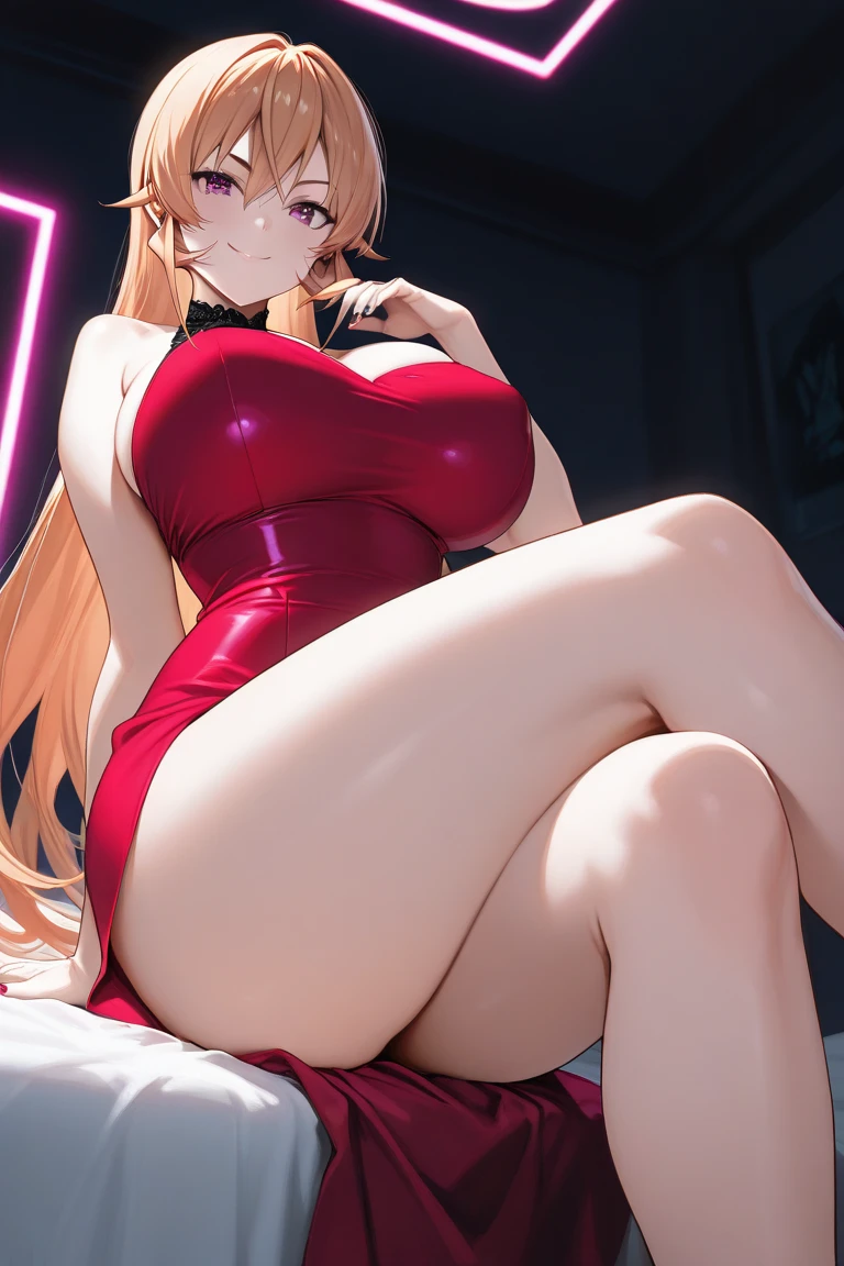 realisticlying、18-year-old girl、Real shiny face on the skin、Close up with knees slightly bent and looking up from below、Wearing a light and tight-fitting red long dress、Emphasis on the thighs、Breasts enlarged、sexly、Face smile、Bedrooms