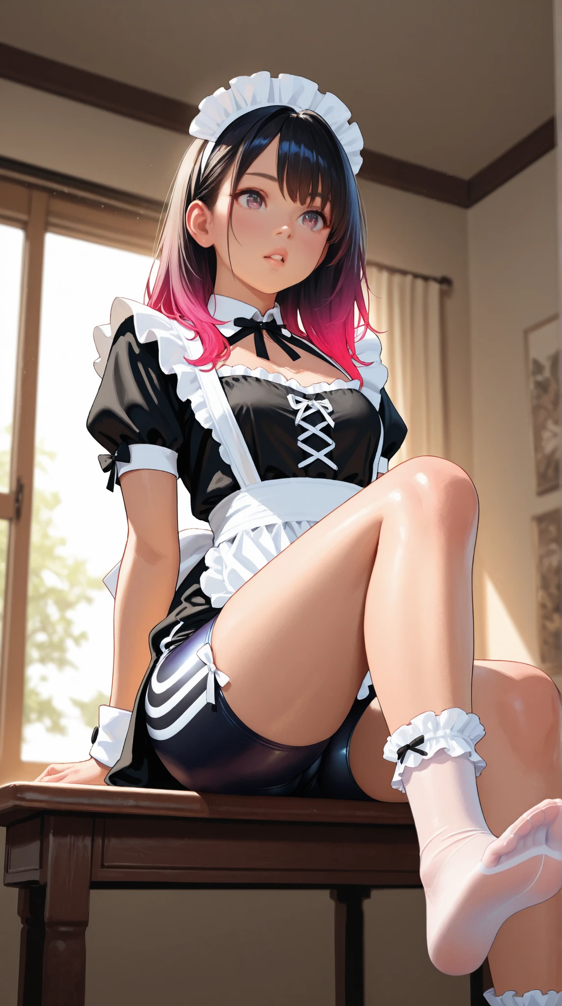 Young girl, highest quality, masterpiece, Ultra-high resolution, (Real skin texture:1.3), (A beautiful face, very carefully drawn), A great face and the most eye-catching qualities:1.4), whole body, Great face and eyes, Pink Eyes, (Tight High School Uniforms, Short pleated mini skirt:1.3), (((black pixie hair))), School, classroom, Big ample breasts,Big breasts and small waist, ((erotic,Sexy and sexually explicit)),(((Get on all fours))) (((Arch your back))) (((Anatomically correct body composition))) (((Left and right target faces)))