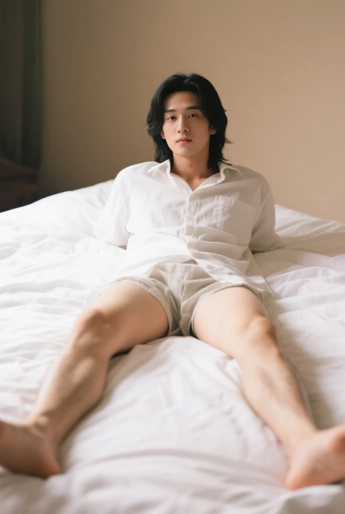 (1 realistic gentleman), (From the bottom up), staring at viewer, masterpiece, vibrant colors, shadows, bedroom setting, effeminine, bath robe, shirtless, slim waist, big hips, wide hips, large butt, young, pale, male, slim，legs are open，Sit，focuses on the lower body，bare-feet，(((Very MILF fat leg shape)))，(gigantic hip:1.5), (ultra cute Japanese-Taiwanese beautiful ulzzang 14 yo boy idol face:1.4), (Heavy dark emo makeup:1.5),  masterpiece, best quality，Masculine arms，(all Hands are wrapped in sleeves), (Hazy:1.4), (ulzzang manly haired), ［human|PVC figure］, perfect fingers, perfect fat mature legs，Both legs are equal, (twink boy:1.3), 8K, 超高分辨率，Reallightandshadow, ((Upper body of males)), ((No breasts)), male head，((lower body of MILF)), (Enchanted smile)，Not big belly