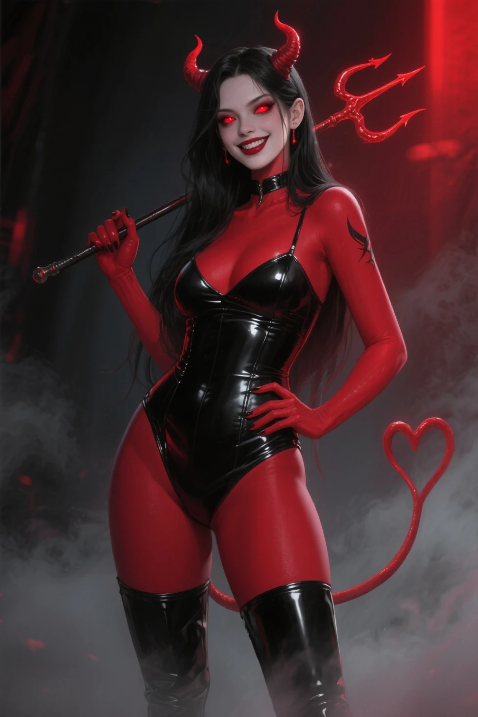 (danahamm:1.08), (style-sylvamagic:0.88), (extremely detailed CG octane render 8k wallpaper), the most beautiful artwork in the world, a Full body shot photo of a sexy solo woman looking at the camera, (nsfw:0.50), full dynamic color, Intricate, High Detail, Sharp focus, dramatic, photorealistic masterpiece painting, modelshoot style, tiefling women, red skin, 6 pack, toned, muscles, biceps, pouty lips, pierced nipples, huge breasts, womb tattoo, tongue out, sexy pose, large hips, hourglass figure, curvy, futa, sexually dominate pose, fully erect penis, devil tail, devil horns, high heels, thigh high boots, long gloves