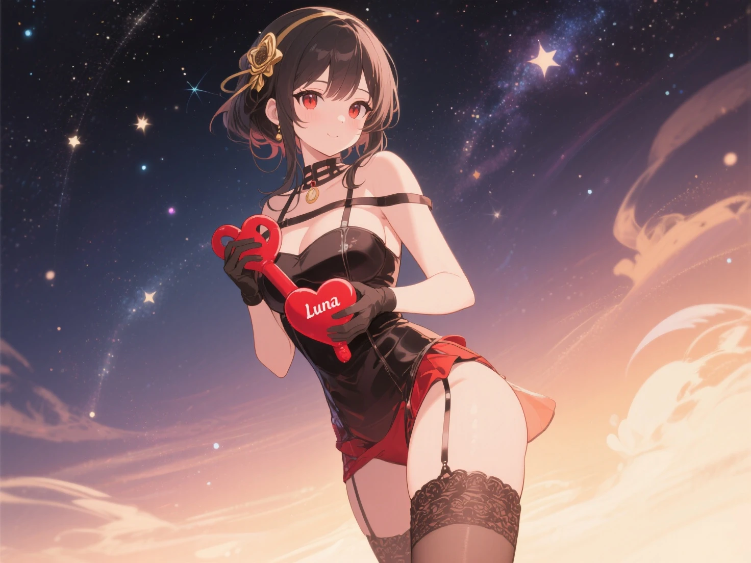 (gigantic breasts:1.6),Full body like,heeled sandals,The right hand crosses the waist,Long black hair,Black colored eyes,Black fingernails,Black toenails,grin face,Latex bra,Latex panties,exposing thighs,exposing your navel,Expose the armpits