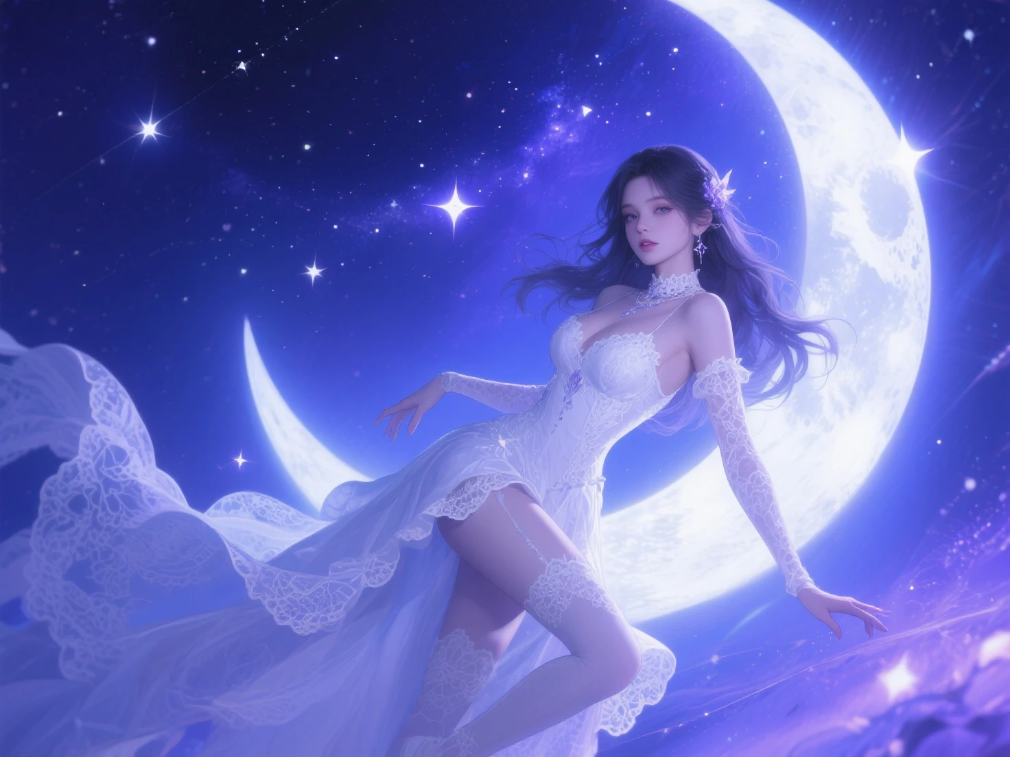 Fantasy、universe space、Beauty、White Dresany Stars、Beautiful Moon