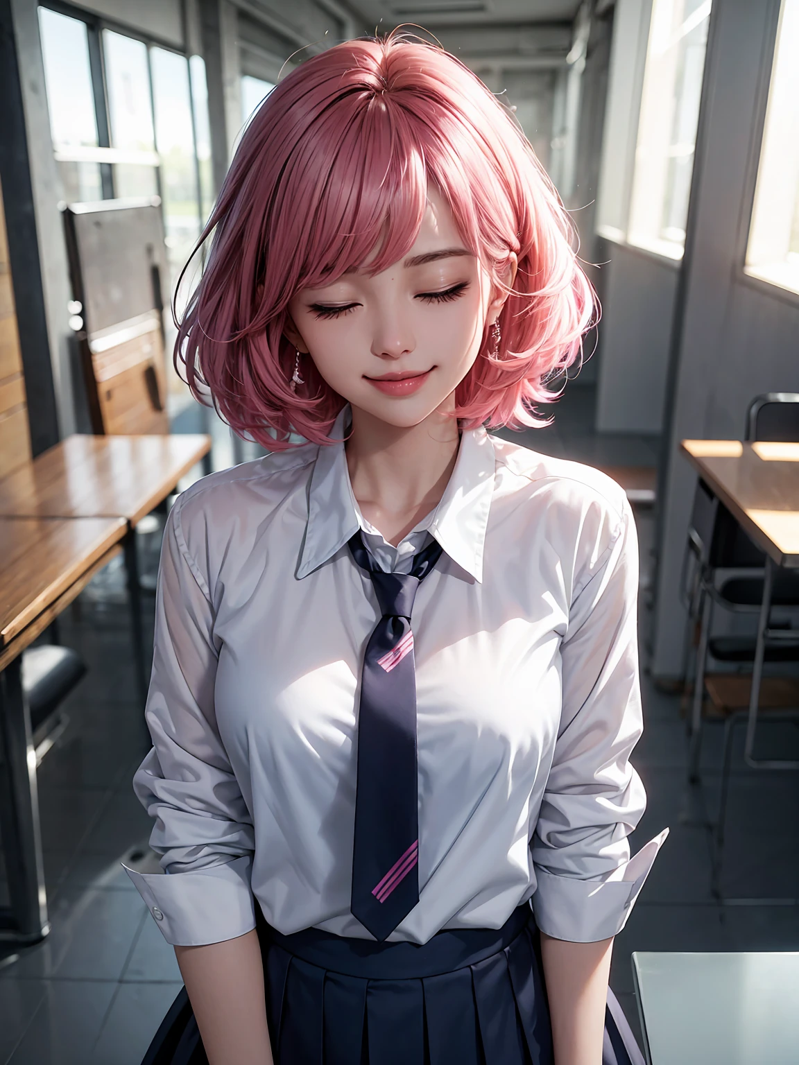 {highest quality, masterpiece, Super detailed}, (Realistic: 1.3), (photo Realistic: 1.3),wallpaper, break {From below},(((Naruto, Haruno Sakura))),{{{Japan's JK Uniform, Collared school shirt, Long sleeve, Navy blue plaid pleated mini skirt}}}, {{high school, classroom}}, Cinema Lighting, sunset ,{{Sexy pose, Nogizaka Idol}}, Highly detailed face, Fine grain, Green Eyes, break,{Pink Hair,hair band、 Large Breasts}, break , Around 18 years old, cute, Sensual, View your viewers,{{{Face Focus, Lips close up}}},Challenging eyes, Teasing the audience, to ridicule