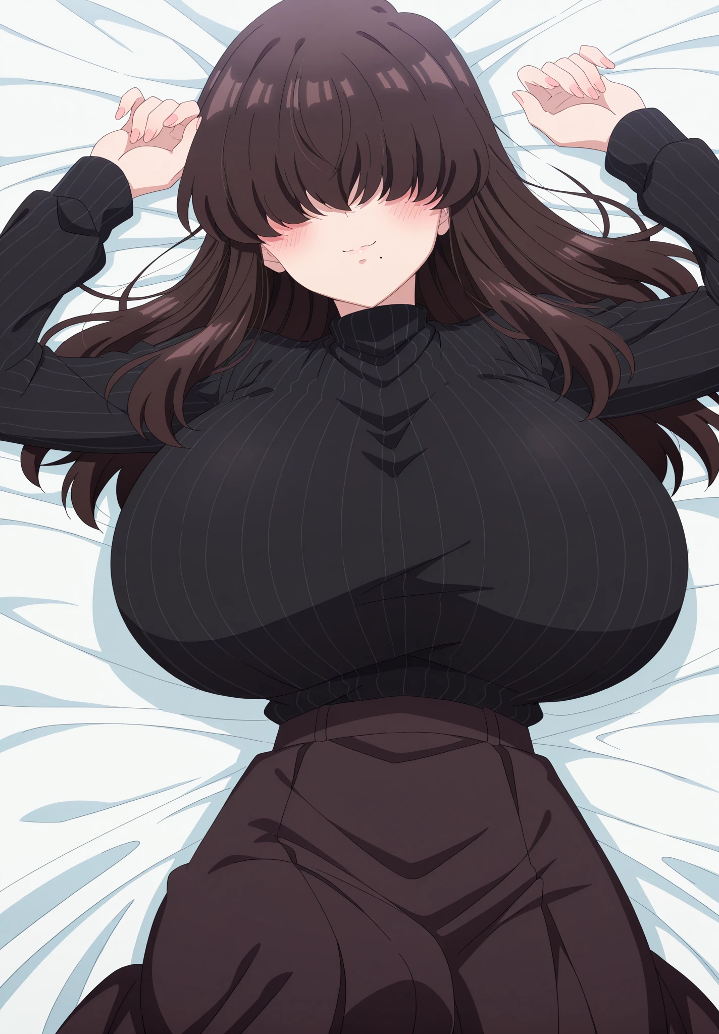 black hair, female, twin drills, solo, smol, pink eyes, massive breasts, very long hair, wear plain white sweater and leggings, masterpiece, ultra high quality