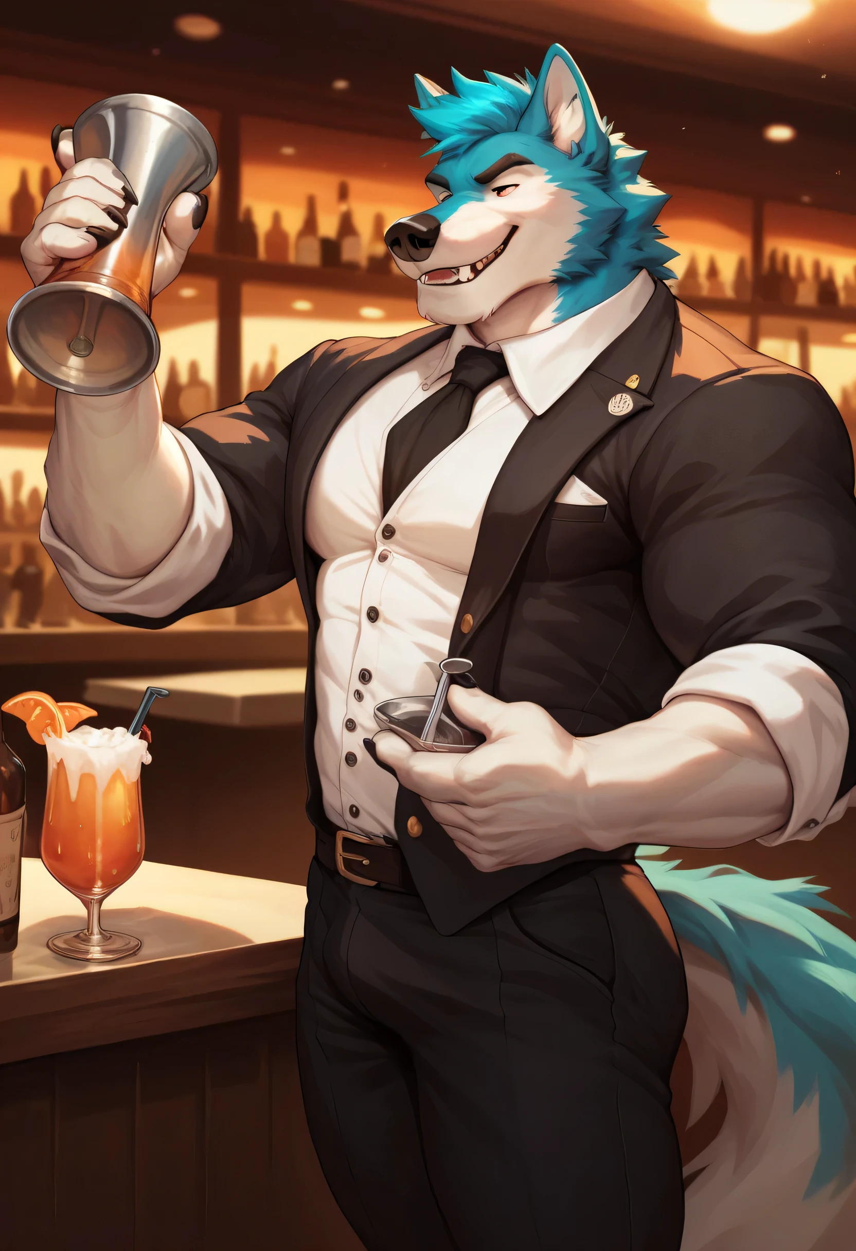 solo, anthro, furry, furry male, wolf, ((fluffy fur, fluffy, furry body)), (wolf print), prosthetic legs, round butt, fluffy tail, blue butler outfit, metal legs, red eyes, hair tuft, long hair, (light blue body, blue body, lean muscles), wolf tail, ((white hair,)), (white muzzle, white forearms), leg raised, pocket watch, gold pocket watch, pocket watch in hand, face straps, butler uniform, black metal prosthetic legs detailed fluffy fur, detailed face, detailed eyes, smaller arms (full body, round ass, fluffy ass,), cyberpunk, valorant,(by DRKS, masterpiece, high quality,hi res,8k hd), close-view portrait, looking at viewer, indoors, fancy manor, fancy tea party cute face, standing next to table, serious expression, camera view angled from above, heavy shadows, lean build, full body,
