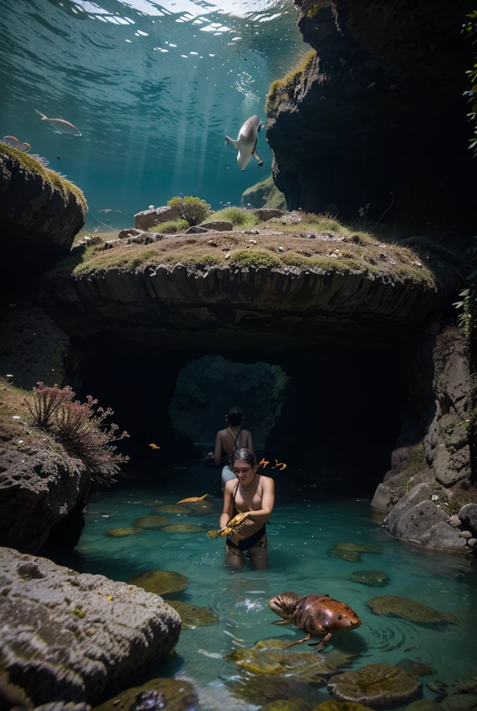 Underground lake, female adventurer, swimming in swimsuit.