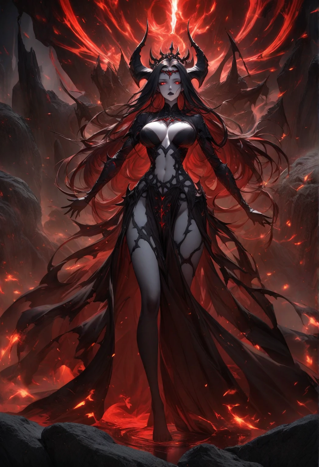 (high quality, 8K, 4K, High Detail, High contrast, masterpiece:1.2, 最high quality, Best aesthetics), ((1 female)), devil in the Lava, , Lava masses, devil horns, devil'wing, Low wing, Encased in lava, devil'roar, Impressive fantasy artwork, Random Pause, Hook of Holland, Lava Landscape, Super detailed illustrations.