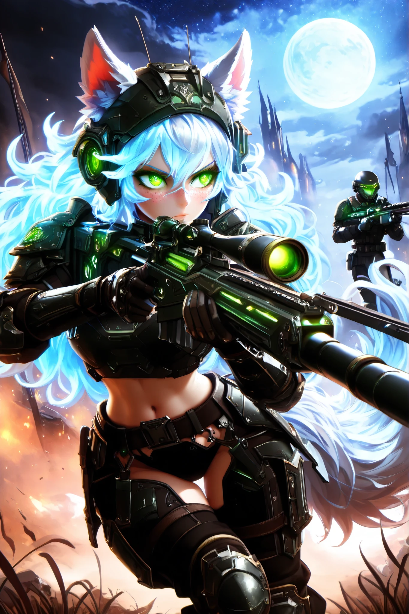 Masterpiece, best quality, amazing quality, absurdres, very aesthetic, lazypos, 3D, 1 woman, (tall, slim, medium-big chest, large hip, silver long hair, fluffy hair, wolf ears, fluffy ears, wolf eyes, fluffy tail, clear skin), smooth natural moonlight with soft shadows , night , outside , backdrop of a battlefield, stary sky with moon , adventurous , fantasy-themed atmosphere , detailed background , fog , (woman, confident, (many freckles:1.48), slightly flustered, (glowing eyes, glowing hair tip, green eyes, feral eyes, detailed eyes, detailed face), (thigh gap:1.27), (detailed chest), wearing a futuristic fantasy style military tactical military suite with bulletproof armor showing midriff, (chest armor, hip armor, knee armor, waist armor, helmet with hole for ears, big military boots, holding a sniper rifle, sniper rifle, detailed), (prone, lying on belly, aiming, looking in scoop)