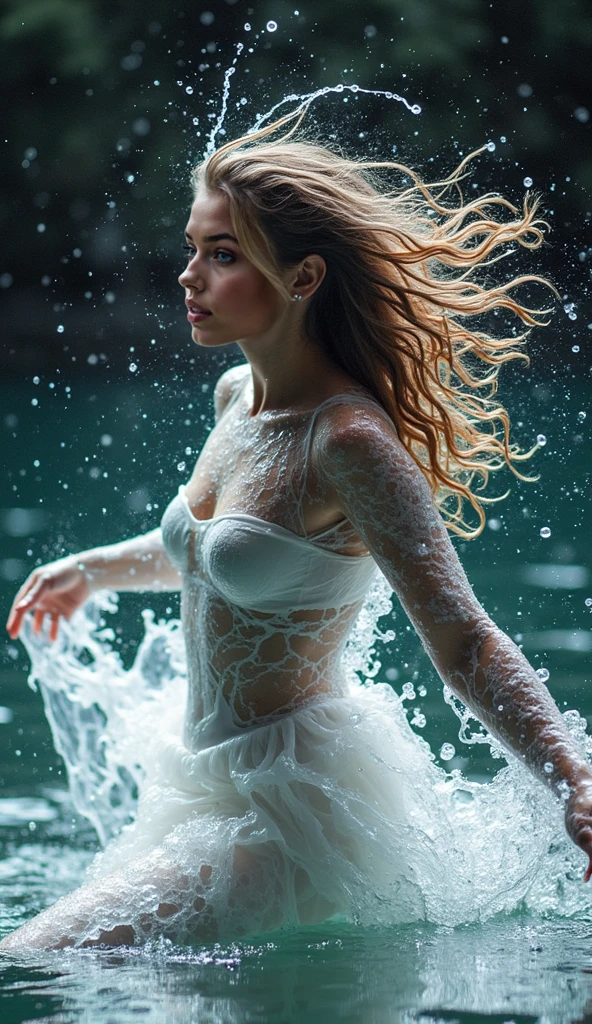 Emma Watson, (wet skin:1.5), no bra, pokies, (Sexy Slit Dress) fluffy, low cut neckline, seductive, cowboy shot, 8k, (very thin waist:1.3), bare breasts, big breasts, (high breast :1.5) (Long Hair:2.0), ((giant ark fantasy background)) (), soft skin, long hair blowing in the wind