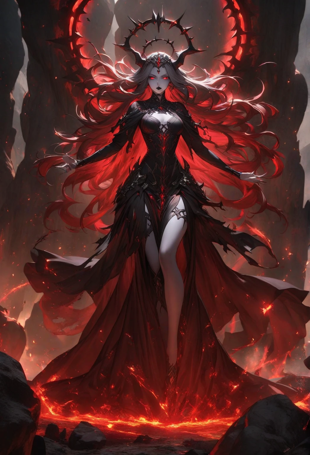 Create an image of the most stunningly gorgeous beautiful perfect sexy vampire elf, beautiful perfect face, long luscious eyelashes, black eyeliner, perfect makeup, lipstick, vibrant detailed vampire slit pupils, detailed black hair, highlights in hair, seductive gothic intricate black dress, full body view,