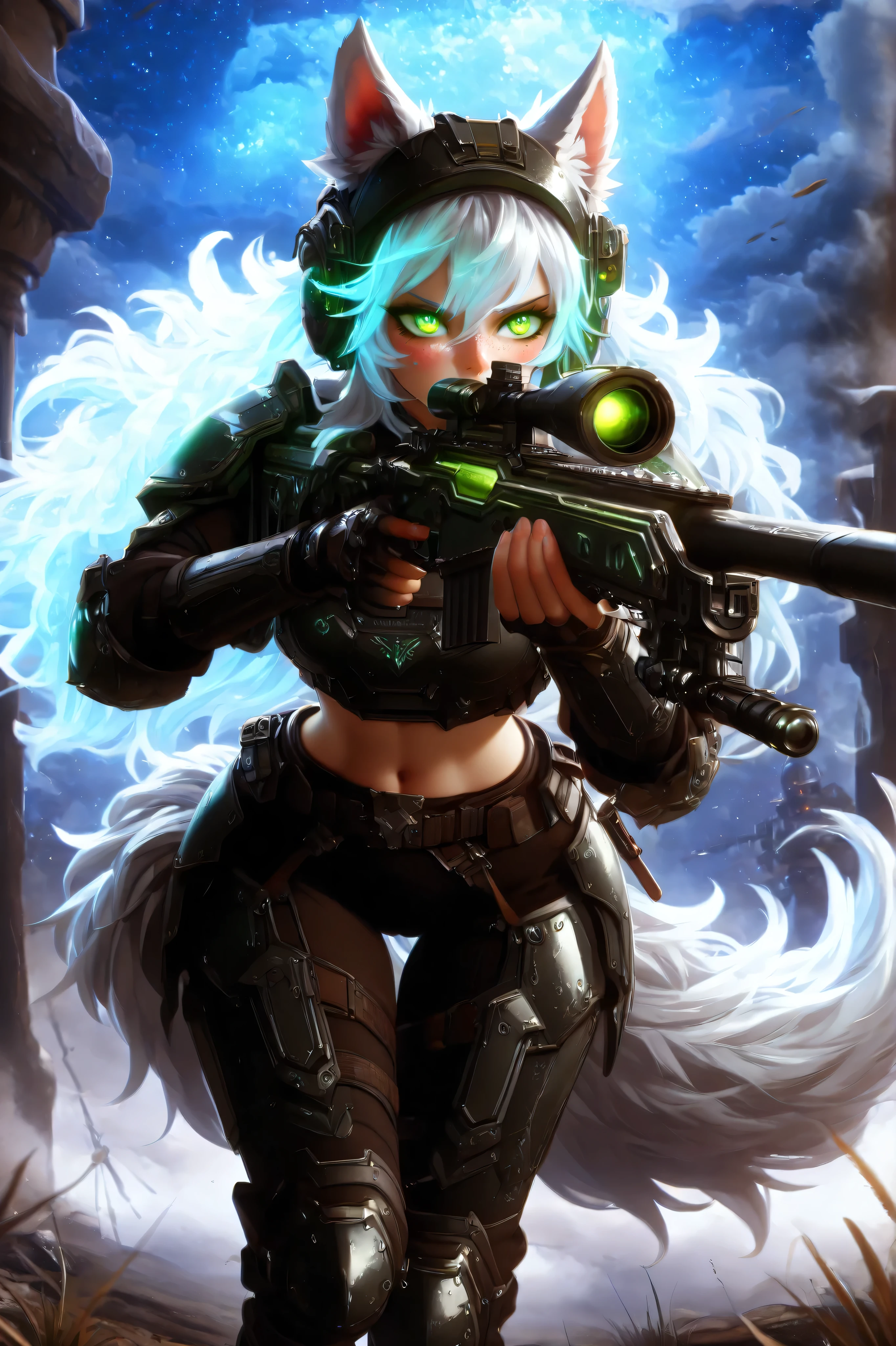 Masterpiece, best quality, amazing quality, absurdres, very aesthetic, lazypos, 3D, 1 woman, (tall, slim, medium-big chest, large hip, silver long hair, fluffy hair, wolf ears, fluffy ears, wolf eyes, fluffy tail, clear skin), smooth natural moonlight with soft shadows , night , outside , backdrop of a battlefield, stary sky with moon , adventurous , fantasy-themed atmosphere , detailed background , fog , (woman, confident, (many freckles:1.48), slightly flustered, (glowing eyes, glowing hair tip, green eyes, wolf eyes, feral eyes, detailed eyes, detailed face), (thigh gap:1.27), (detailed chest), wearing a futuristic fantasy style military tactical military suite with bulletproof armor showing midriff, (chest armor, hip armor, knee armor, waist armor, helmet with hole for ears, big military boots, holding a sniper rifle, sniper rifle, detailed), (prone, lying on belly, aiming, looking in scoop)