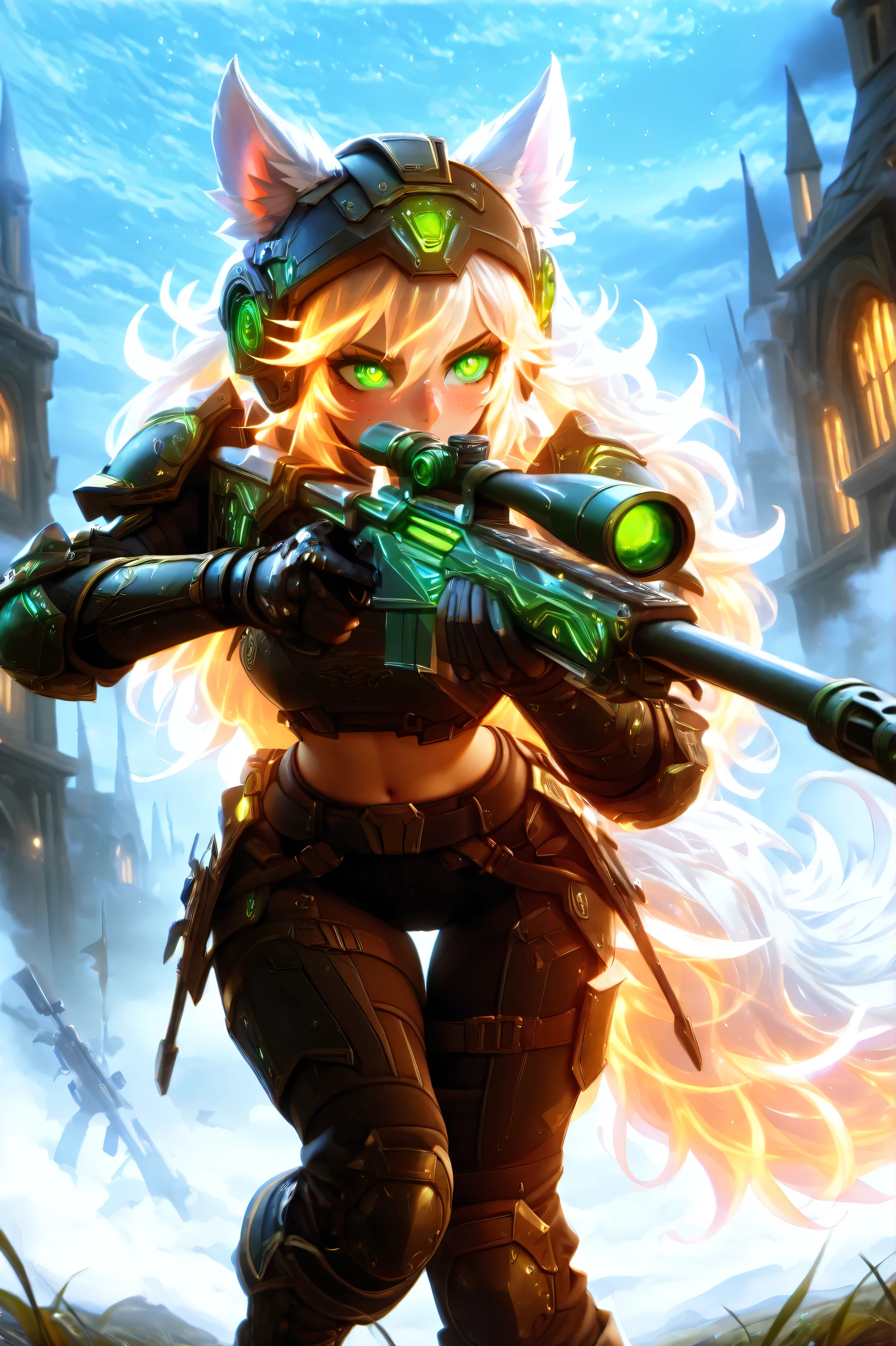 Masterpiece, best quality, amazing quality, absurdres, very aesthetic, lazypos, 3D, 1 woman, (tall, slim, medium-big chest, large hip, silver long hair, fluffy hair, wolf ears, fluffy ears, wolf eyes, fluffy tail, clear skin), smooth natural moonlight with soft shadows , night , outside , backdrop of a battlefield, stary sky with moon , adventurous , fantasy-themed atmosphere , detailed background , fog , (woman, confident, (many freckles:1.48), slightly flustered, (glowing eyes, glowing hair tip, green eyes, feral eyes, detailed eyes, detailed face), (thigh gap:1.27), (detailed chest), wearing a futuristic fantasy style military tactical suite with bulletproof armor showing midriff, (chest armor, hip armor, knee armor, waist armor, helmet with hole for ears, big military boots, holding a sniper rifle, sniper rifle, detailed), (prone, lying on belly, aiming, looking in scoop)
