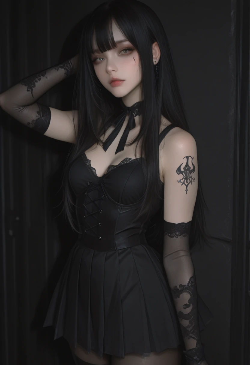RAW Photos、8k、(Highest quality)、Realistic、(live-action、Intricate details)、(Natural skin texture、Detailed skin、Hyperrealism、Sharpness)、(Pale Skin:1.4、Large chest)、((((Black Thong、Black Gothic Fashion、Fishnet tights)))、Japanese teenage girls stand、((Straight Hair、Fluffy bangs))、(Parting lips:1.3、eye shadow、Tear bags:1.3、Red lips、Dark circles under the eyes)、Thighs、1、(((smile、Large Breasts、tight、黒いee-through、Frills、Semi-long hair、boots、Sticking out a long tongue))、LTRA Details、Fascinating beauty、Dainty woman、Cool Girl、Wavy Hair、Black chiffon dress、Wide sleeves、flered skirt、Black pantyhose、Evil Female Executive、Evil Fall、brainwash、lacy fabric、Glossy legs、black lipstick、Evil look、Suspicious look、Hollow eyes、wicked、Reaching out、Arms up、In the Church、Palm forward、Purple Lipstick、Pendants