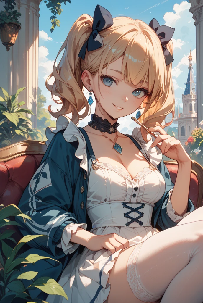 (The highest image quality, master piece:1.2), (Ultra Definition Illustration), (very beautiful matured queen:1.3), (1 girl:1.2), Solo, (shoot from very below:1.3) ,(condescending look:1.3), (sleeveless gorgeous queen blue dress with roses:1.3), sitting on the throne chair, queen crown, Full body, Round baby face, (Glasses, Blonde Short-Cut Hair), (white thigh high pantyhose:1.2), (Evil smile, mean face:1.2), Luxurious palace rooms, Fancy Room, RPG Royale,